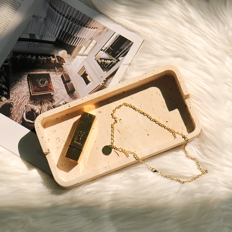 Natuurlijke Travertin Dienblad – Massief Steen Minimalistische Luxe Organizer
