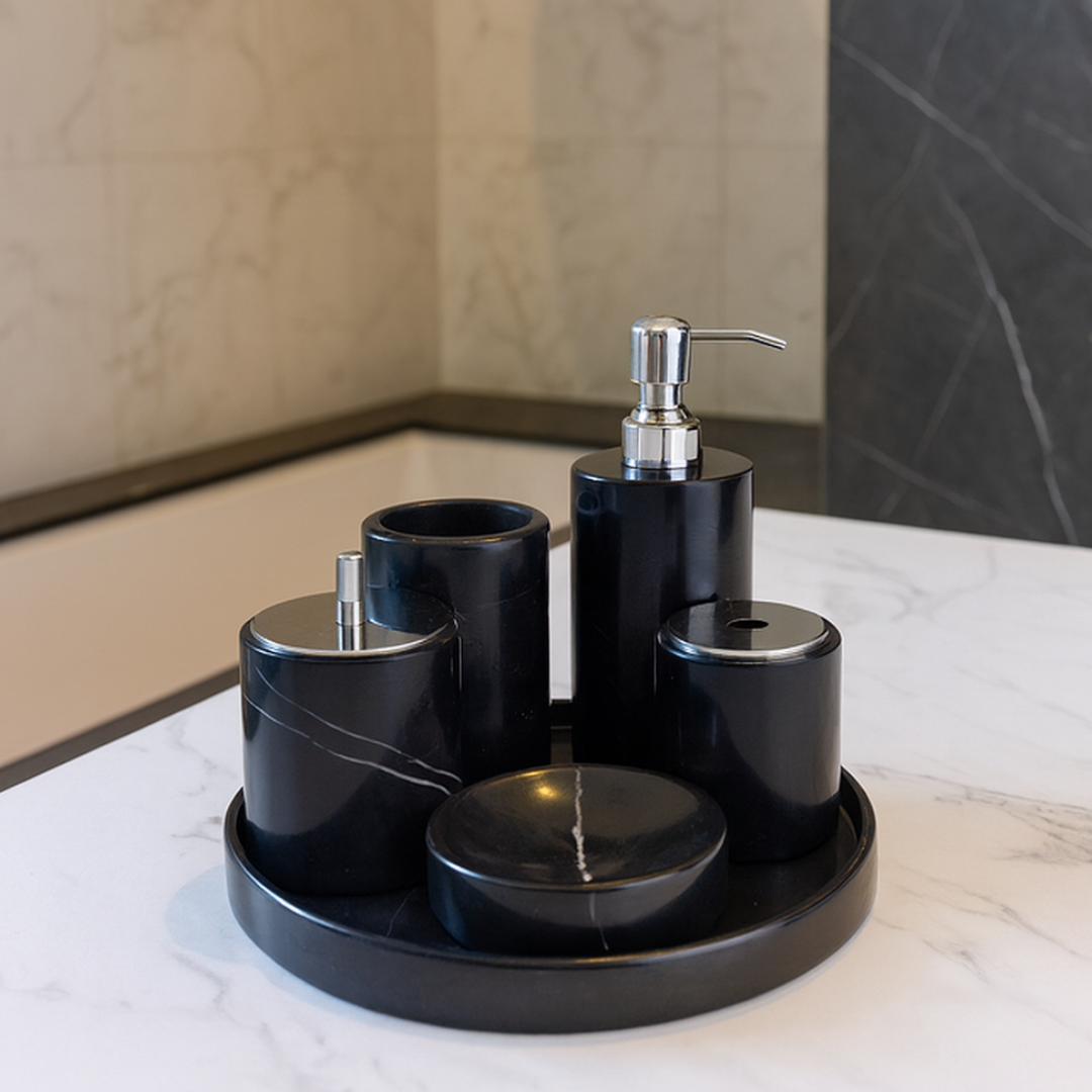 Luxe 6-delige marmeren badkamer set – massief stenen toilettas organizer