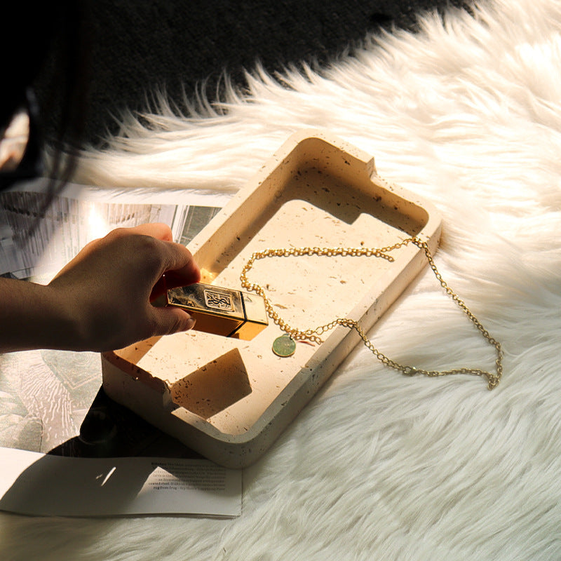 Natuurlijke Travertin Dienblad – Massief Steen Minimalistische Luxe Organizer