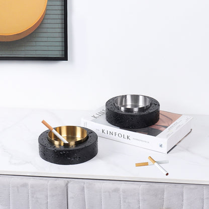 Volcanische Luxe Ronde Marmeren Asbak – Massieve Steen met Geborsteld Stalen Inzet (1.4kg)