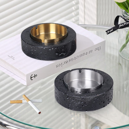 Volcanische Luxe Ronde Marmeren Asbak – Massieve Steen met Geborsteld Stalen Inzet (1.4kg)