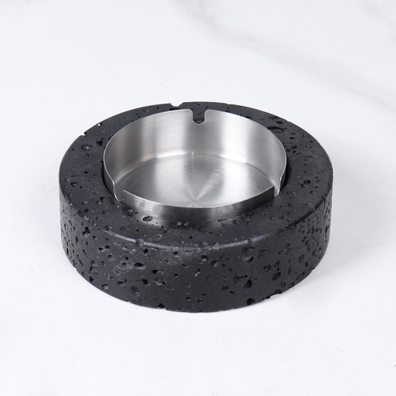 Volcanische Luxe Ronde Marmeren Asbak – Massieve Steen met Geborsteld Stalen Inzet (1.4kg)