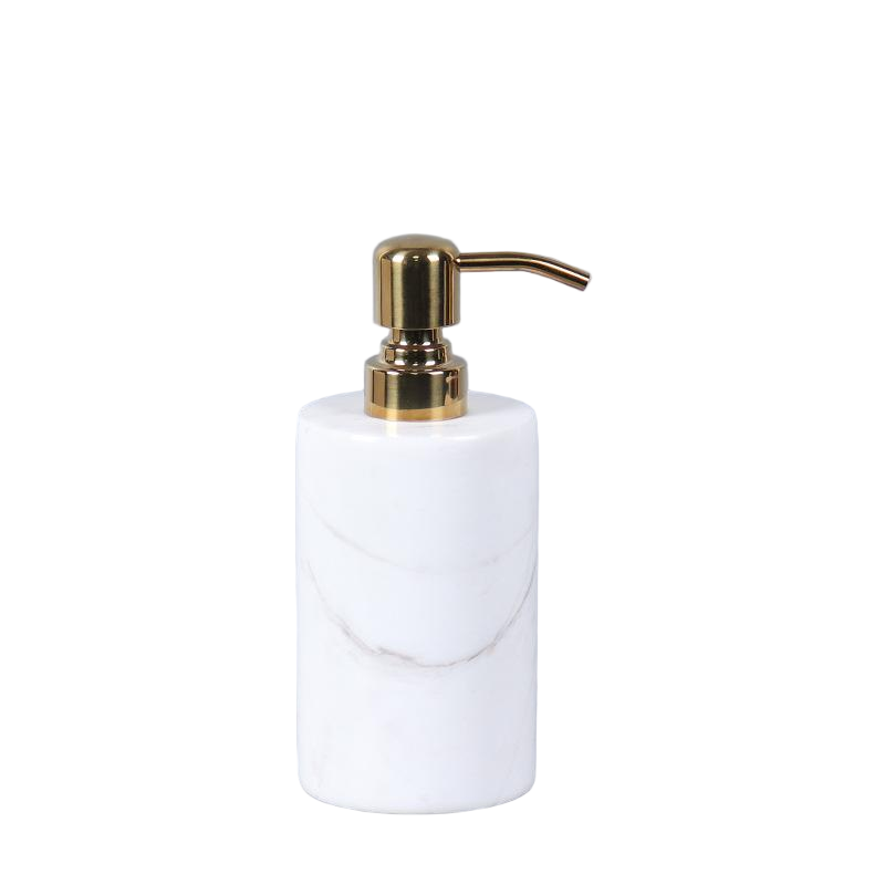 Ronde marmeren zeepdispenser – massief steen met gouden metalen pomp (1kg)
