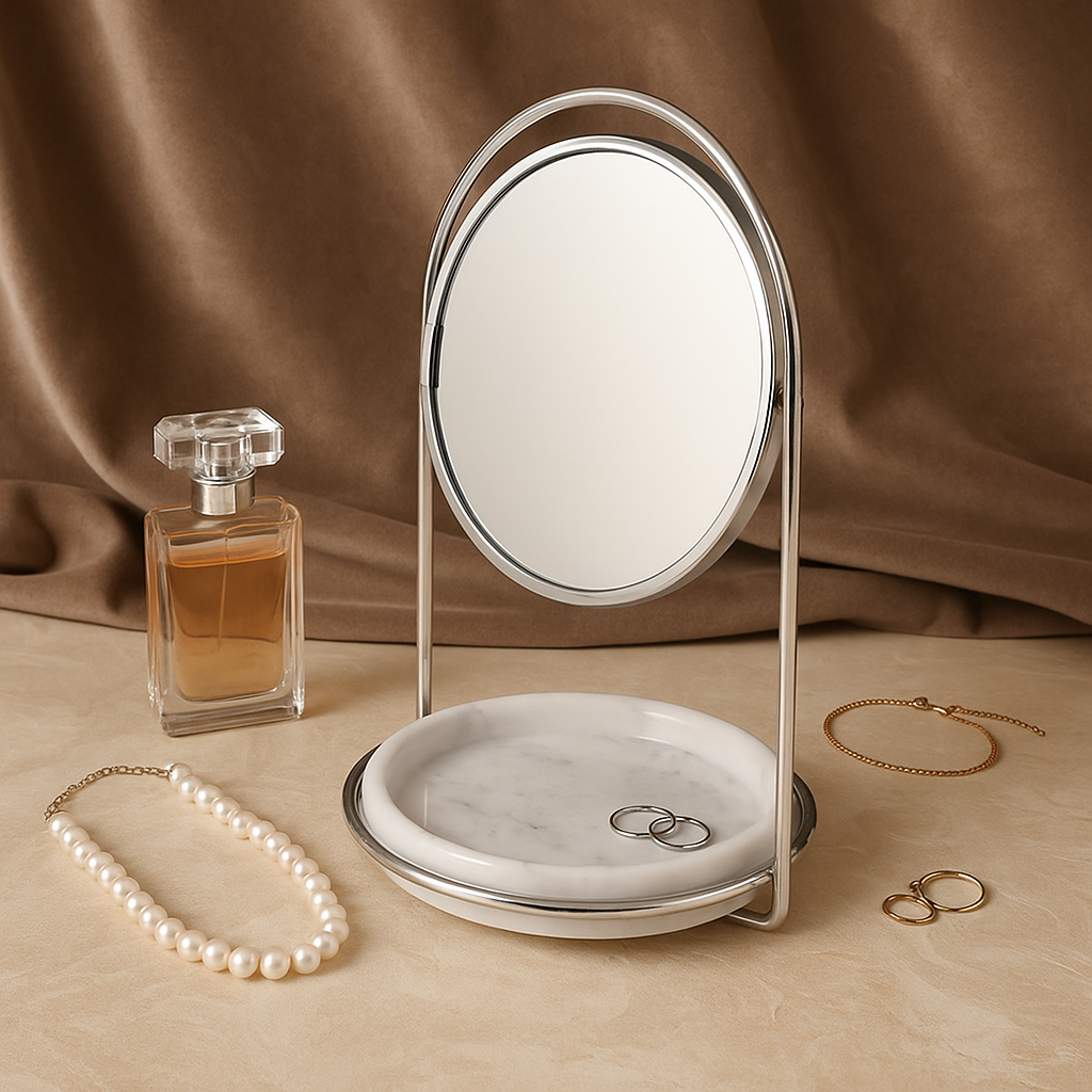 Elegante marmeren make-upspiegel met dienblad – metalen afwerking in twee tinten