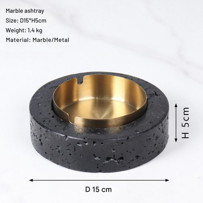 Volcanische Luxe Ronde Marmeren Asbak – Massieve Steen met Geborsteld Stalen Inzet (1.4kg)