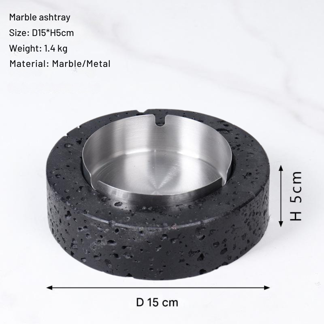 Volcanische Luxe Ronde Marmeren Asbak – Massieve Steen met Geborsteld Stalen Inzet (1.4kg)