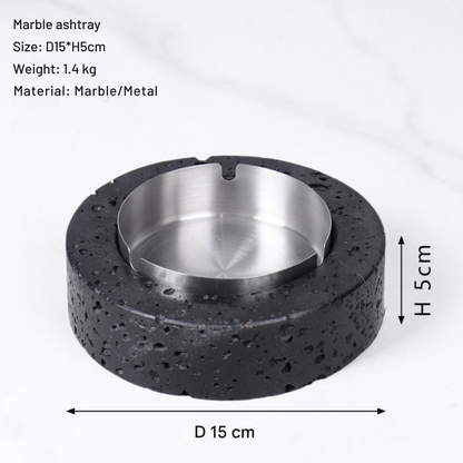 Volcanische Luxe Ronde Marmeren Asbak – Massieve Steen met Geborsteld Stalen Inzet (1.4kg)