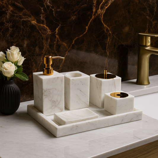 Luxe 6-delige marmeren badkamer set – massief stenen toilettas organizer