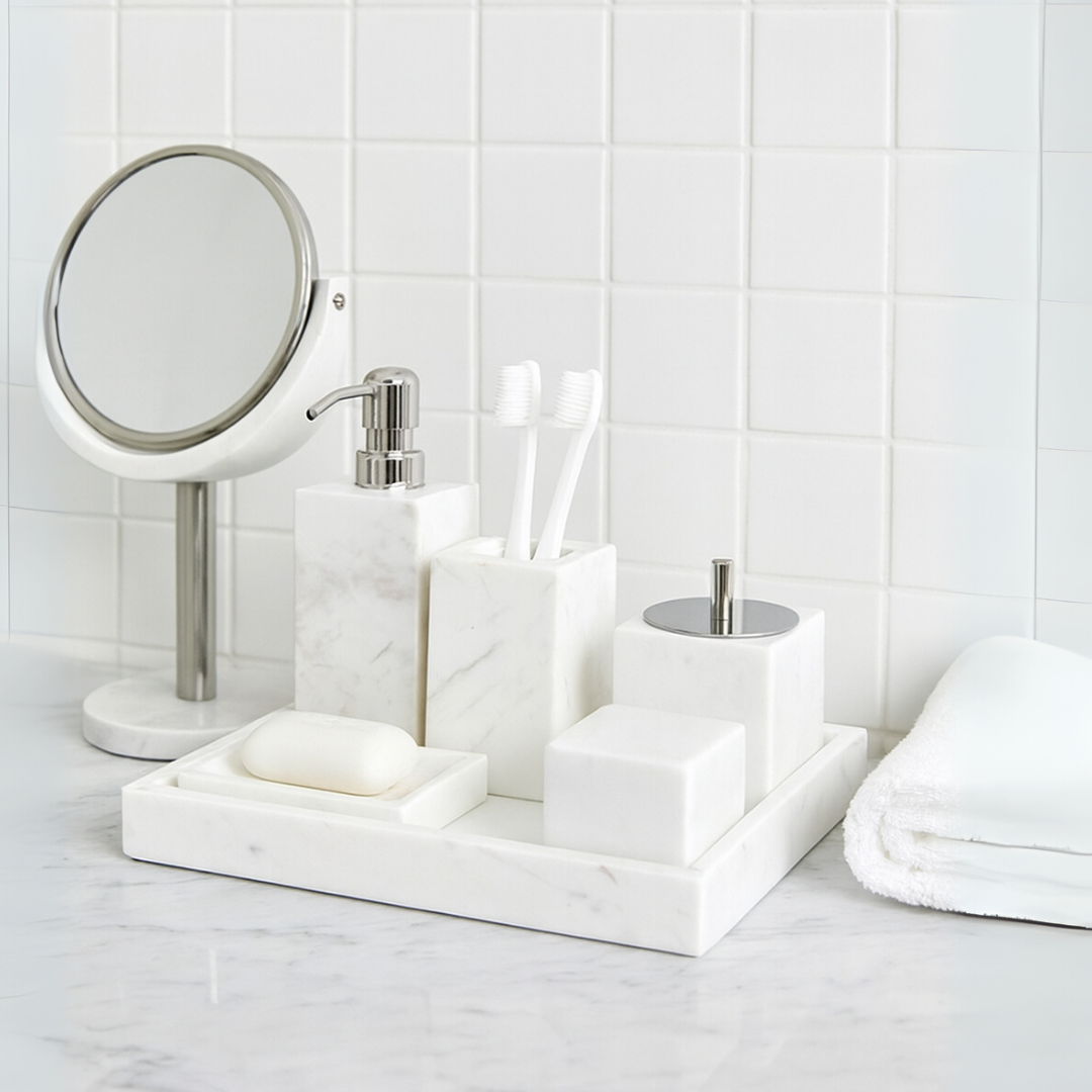 Luxe 6-delige marmeren badkamer set – massief stenen toilettas organizer