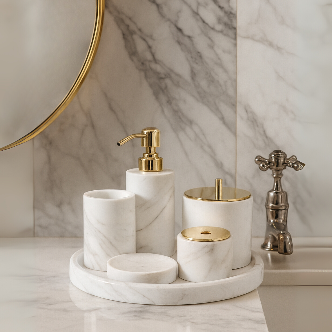 Luxe 6-delige marmeren badkamer set – massief stenen toilettas organizer