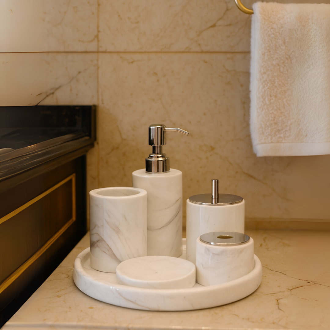 Luxe 6-delige marmeren badkamer set – massief stenen toilettas organizer