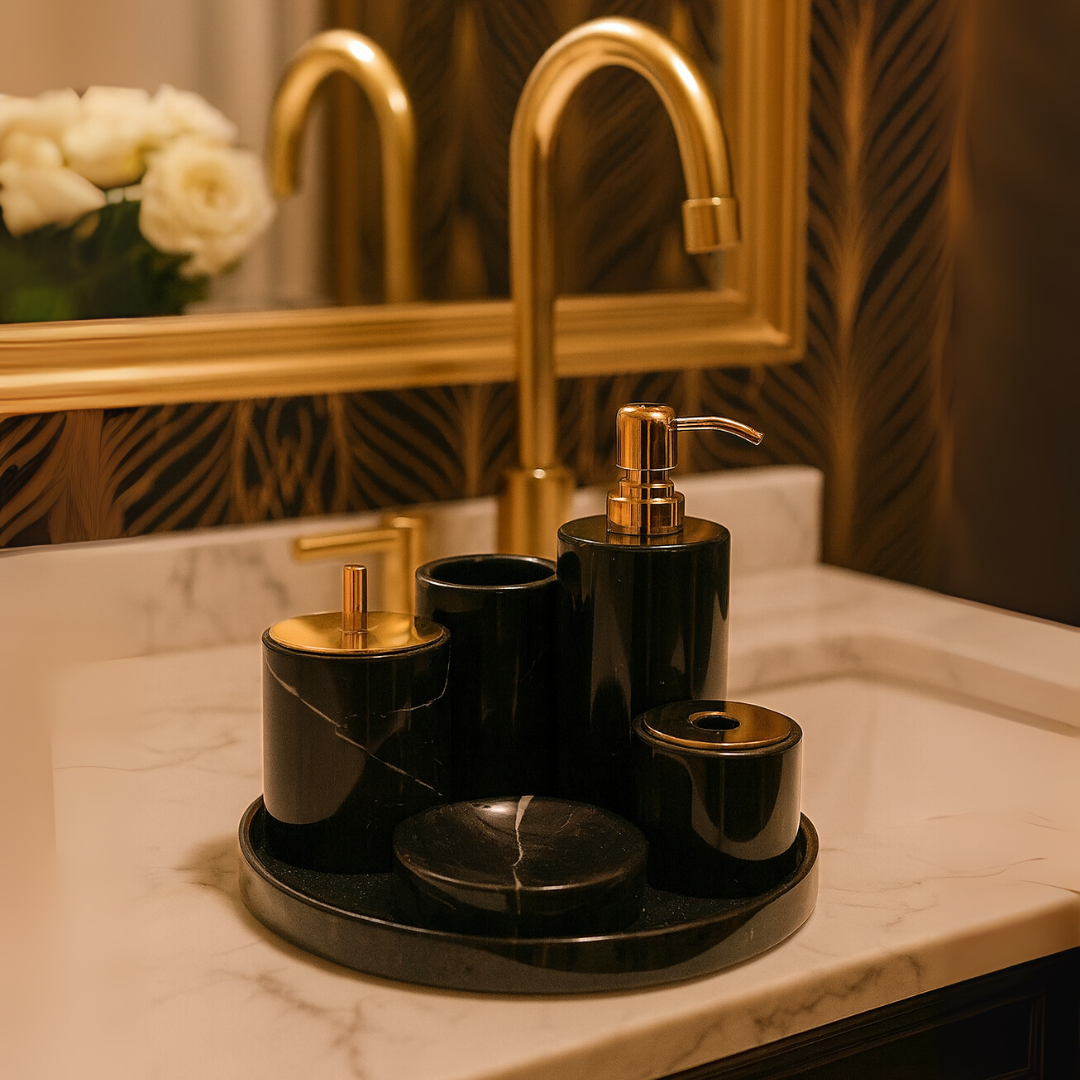 Luxe 6-delige marmeren badkamer set – massief stenen toilettas organizer