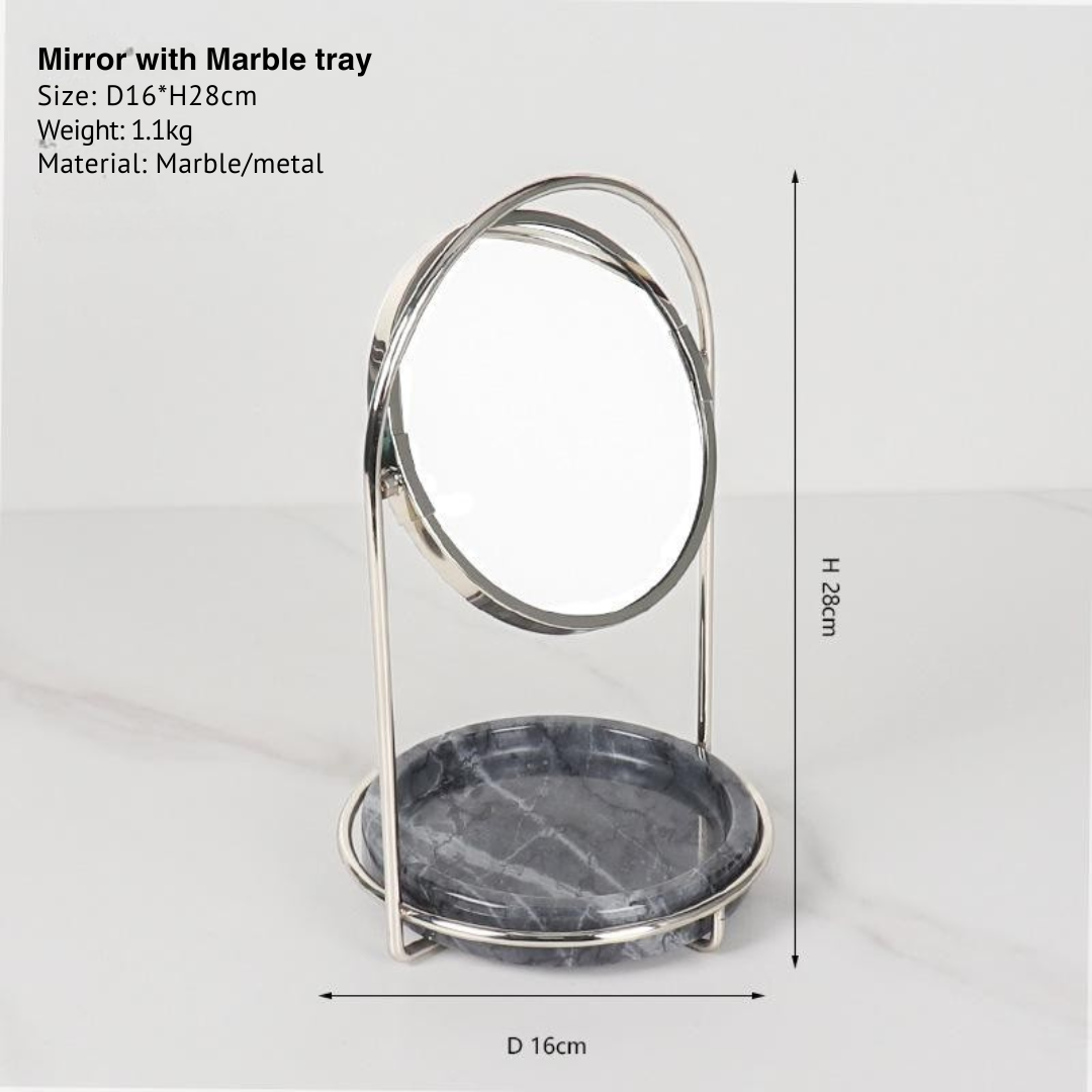 Elegante marmeren make-upspiegel met dienblad – metalen afwerking in twee tinten