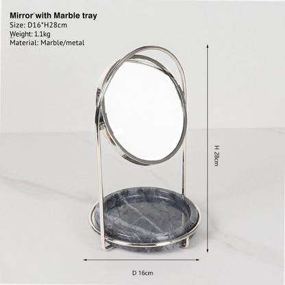 Elegante marmeren make-upspiegel met dienblad – metalen afwerking in twee tinten