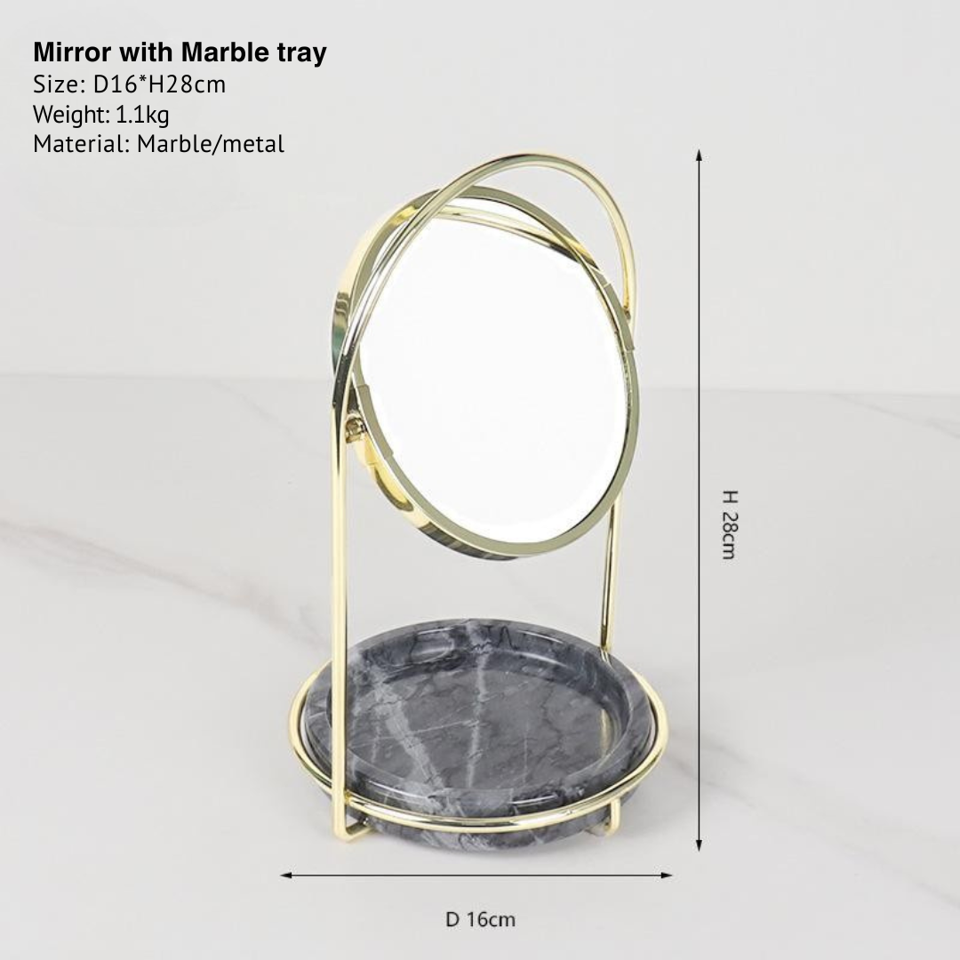 Elegante marmeren make-upspiegel met dienblad – metalen afwerking in twee tinten