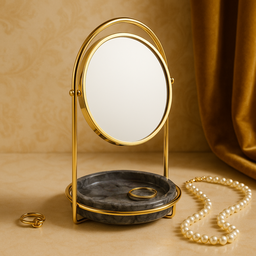 Elegante marmeren make-upspiegel met dienblad – metalen afwerking in twee tinten