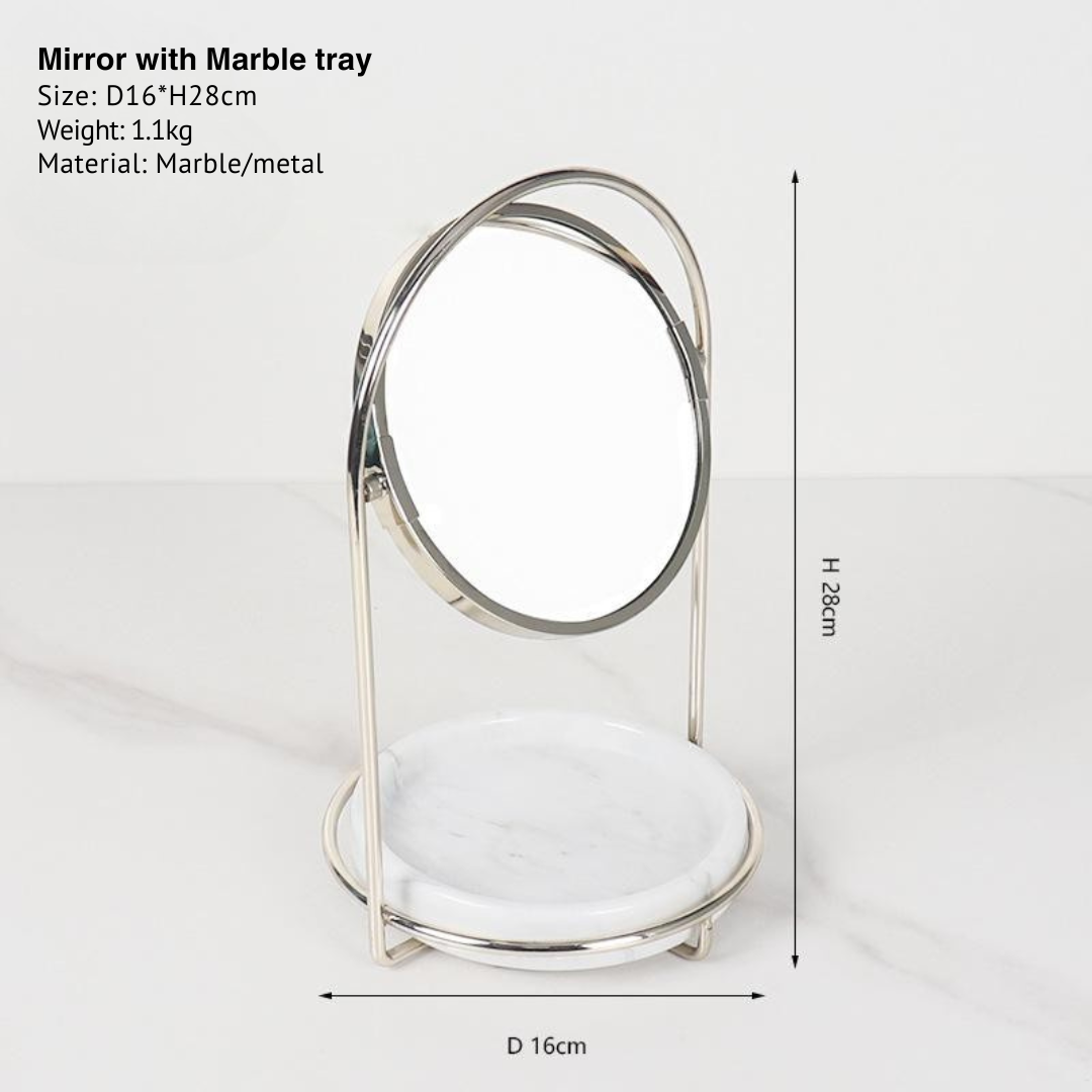 Elegante marmeren make-upspiegel met dienblad – metalen afwerking in twee tinten