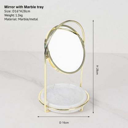 Elegante marmeren make-upspiegel met dienblad – metalen afwerking in twee tinten