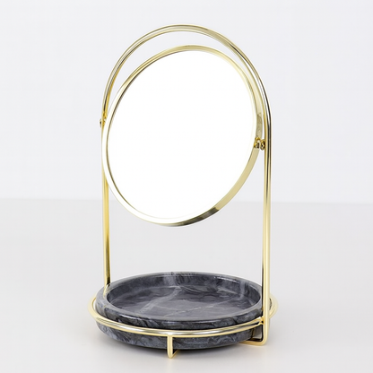 Elegante marmeren make-upspiegel met dienblad – metalen afwerking in twee tinten