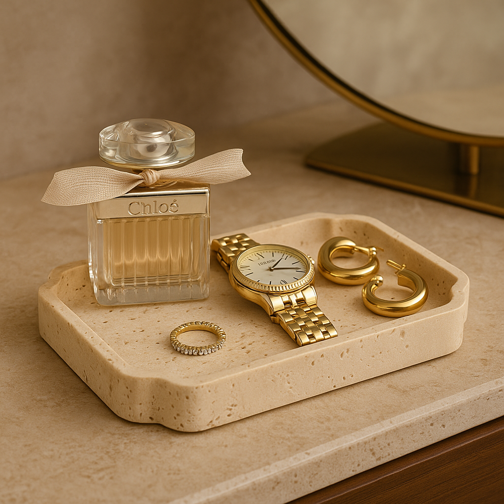 Natuurlijke Travertin Opvangschaal – Minimalistische Toilettafel Organizer