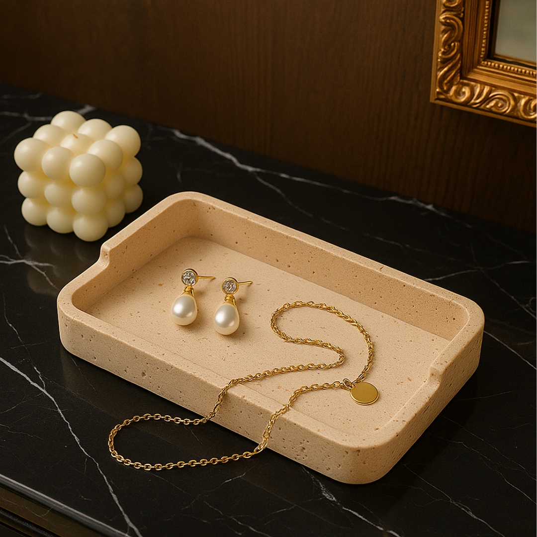 Natuurlijke Travertin Dienblad – Massief Steen Minimalistische Luxe Organizer