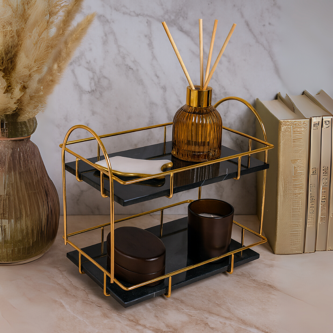 Luxe rechthoekige marmeren dubbele tray met handvatten