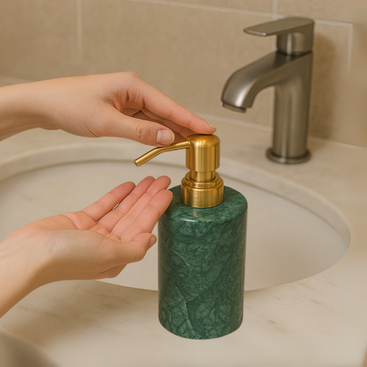 Emerald Vein ronde marmeren zeepdispenser – massief steen met gouden metalen pomp (1kg)