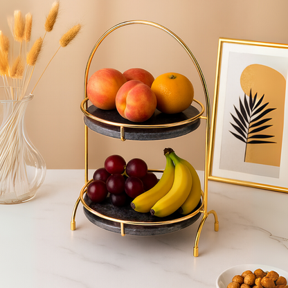 Aurora ronde marmeren dubbele tray met gebogen handvat