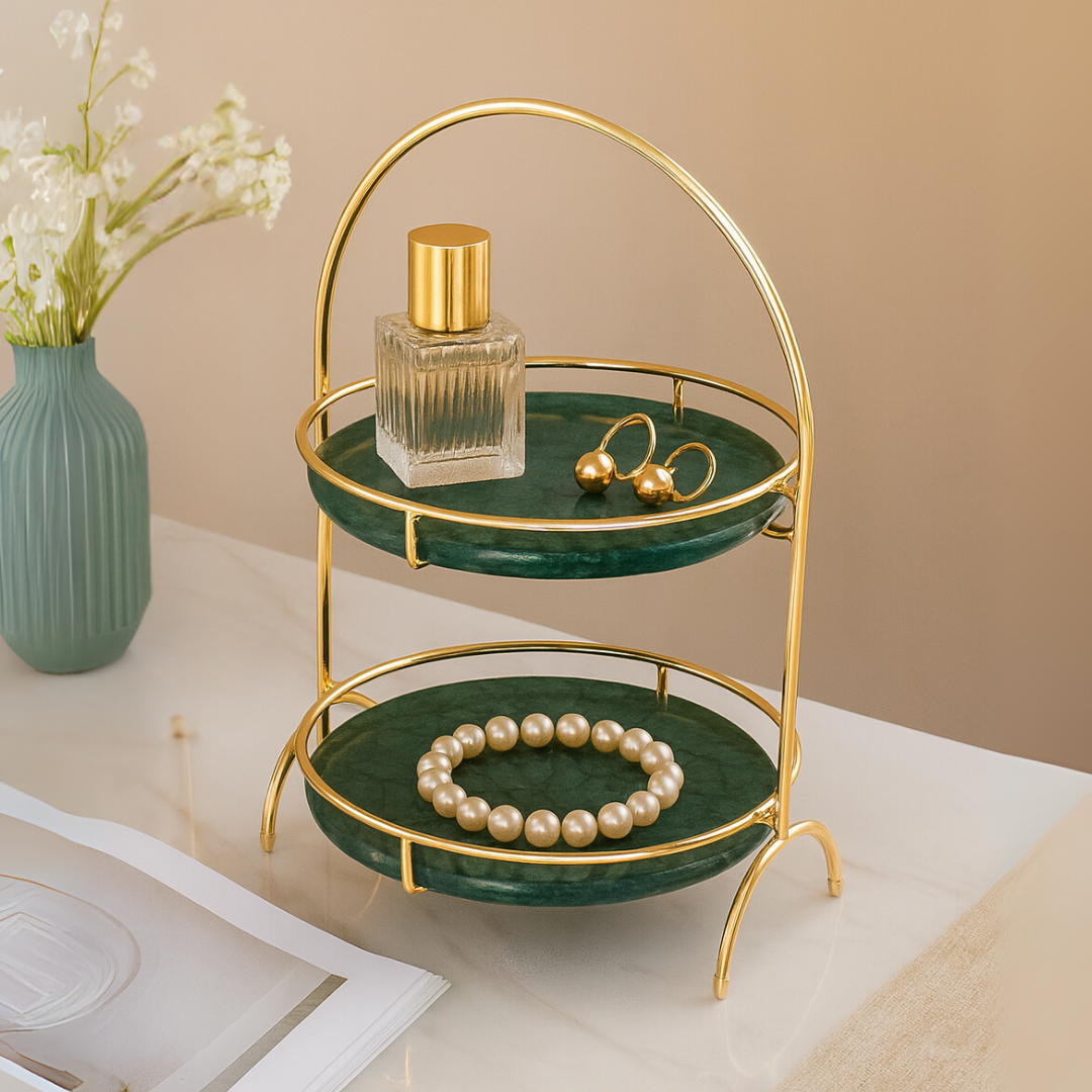 Aurora ronde marmeren dubbele tray met gebogen handvat