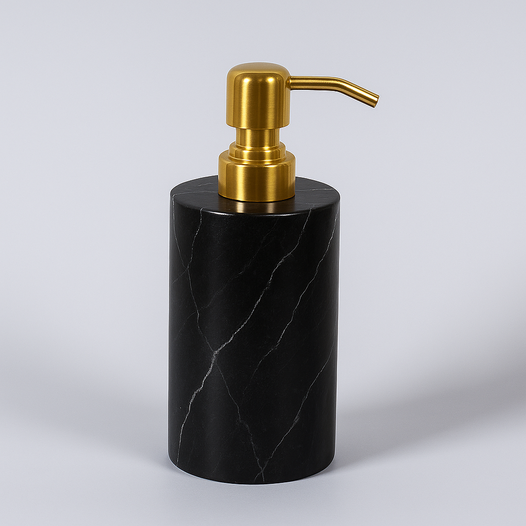 Ronde marmeren zeepdispenser – massief steen met gouden metalen pomp (1kg)