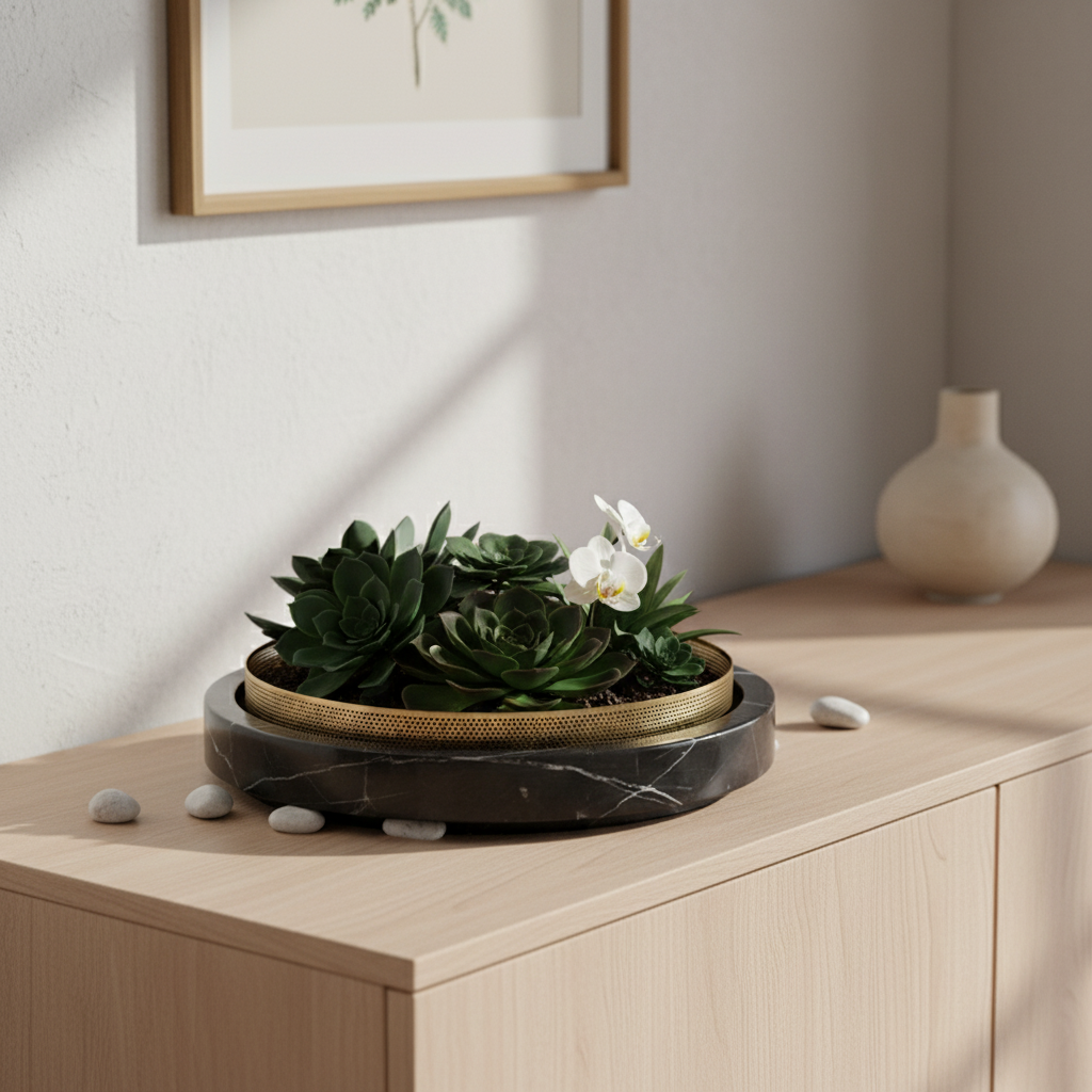 Solaro marmeren stenen plantenbak met metalen accent - 35 × 7 cm