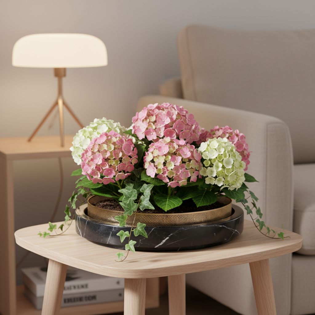 Gesculpteerde marmeren plantenbak met metalen rand – 30x7 cm