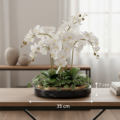 Gesculpteerde marmeren plantenbak met metalen rand – 30x7 cm