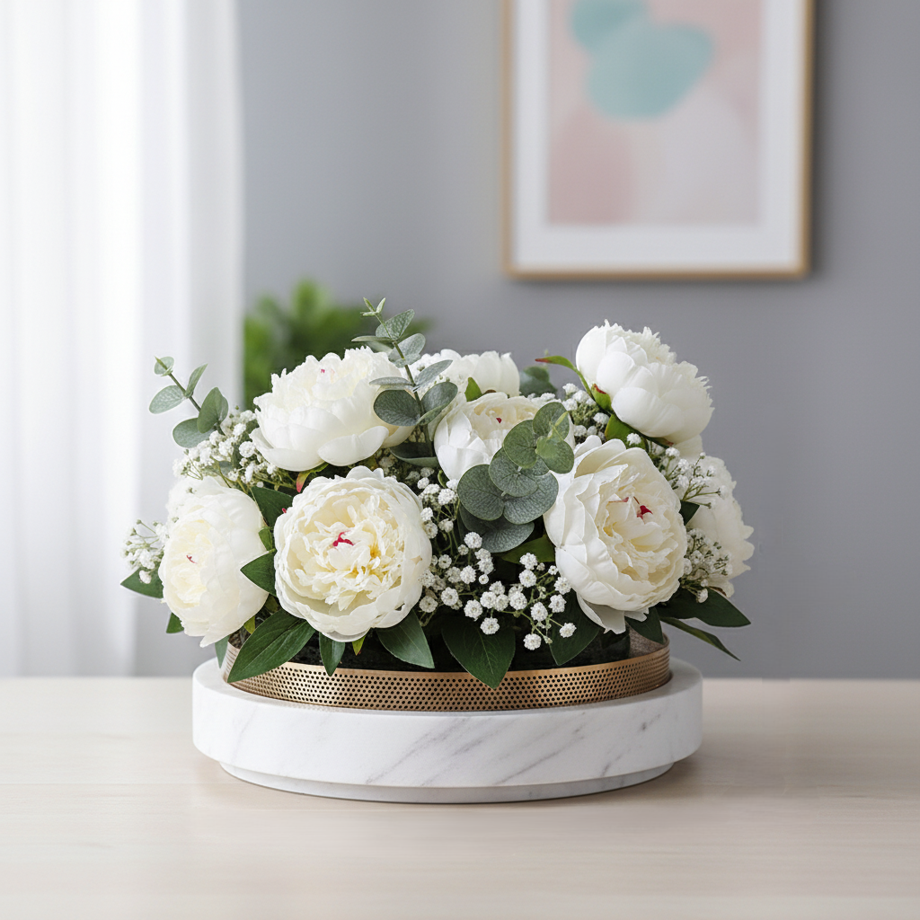 Gesculpteerde marmeren plantenbak met metalen rand – 30x7 cm