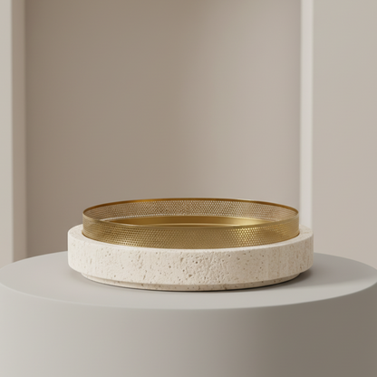 Gesculpteerde marmeren plantenbak met metalen rand – 30x7 cm
