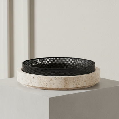 Gesculpteerde marmeren plantenbak met metalen rand – 30x7 cm