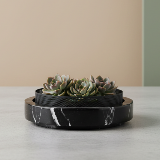 Lume marmeren stenen plantenbak met metalen rand – 25 x 7 cm