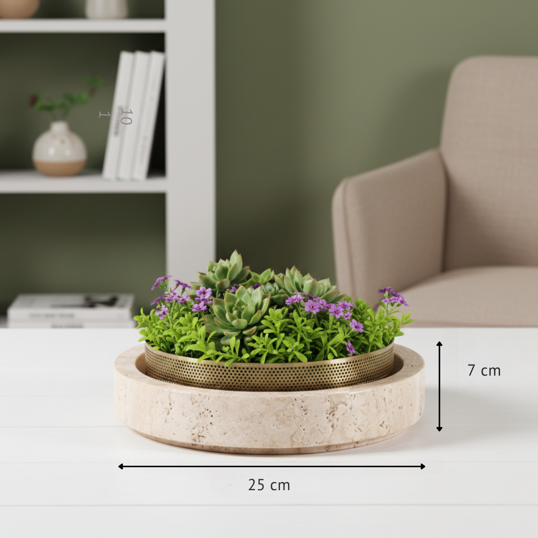 Lume marmeren stenen plantenbak met metalen rand – 25 x 7 cm