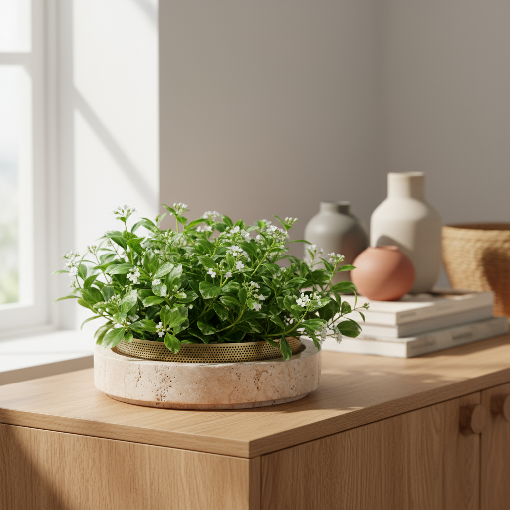 Lume marmeren stenen plantenbak met metalen rand – 25 x 7 cm