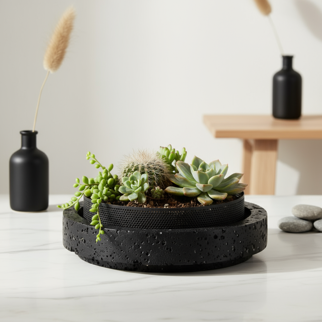 Lume marmeren stenen plantenbak met metalen rand – 25 x 7 cm