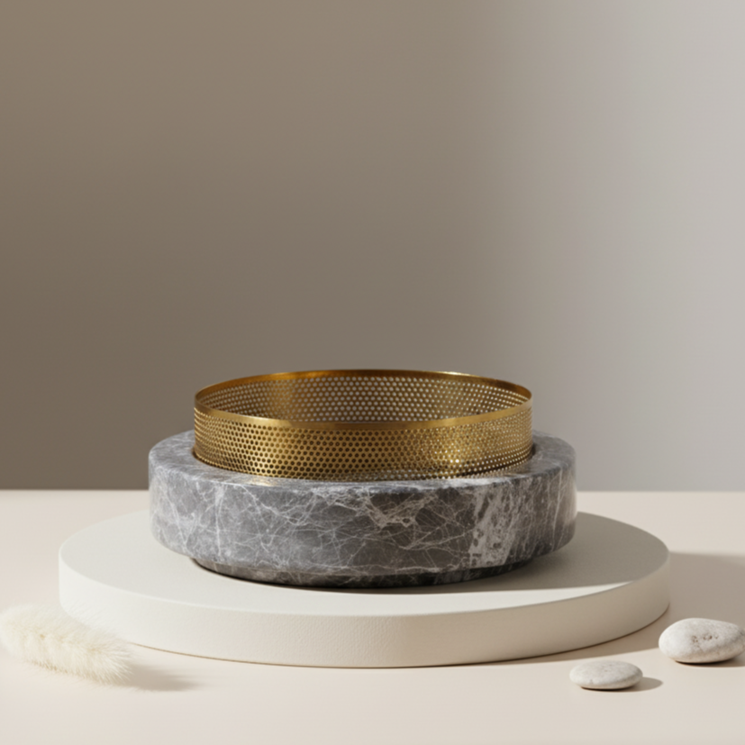 Aurore marmeren stenen plantenbak met metalen rand – 20x7 cm