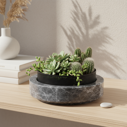 Aurore marmeren stenen plantenbak met metalen rand – 20x7 cm