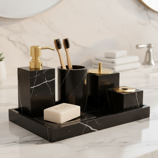 Marmeren Badkamer Set 6-Delig | Luxe Massief Steen Toilettas Organizer