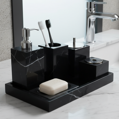 Marmeren Badkamer Set 6-Delig | Luxe Massief Steen Toilettas Organizer