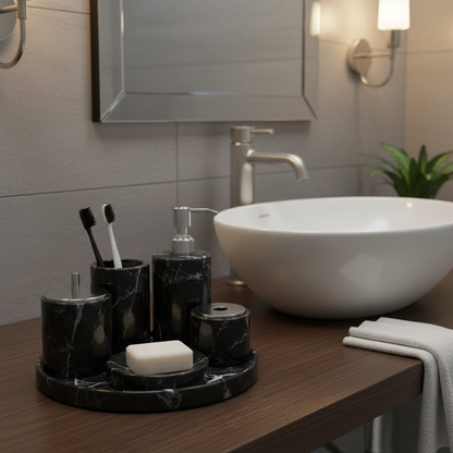 Marmeren Badkamer Set 6-Delig | Luxe Massief Steen Toilettas Organizer