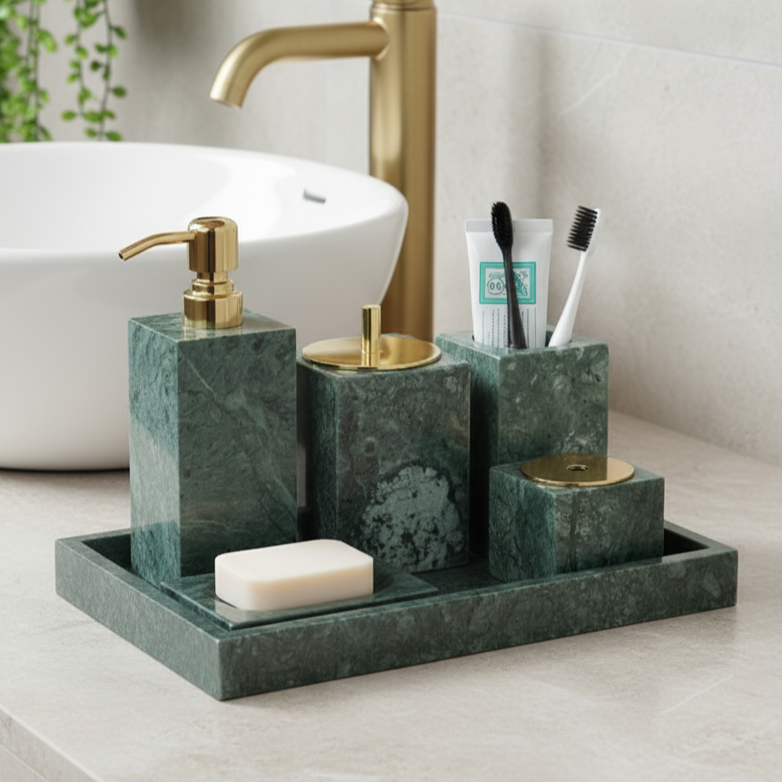 Marmeren Badkamer Set 6-Delig | Luxe Massief Steen Toilettas Organizer