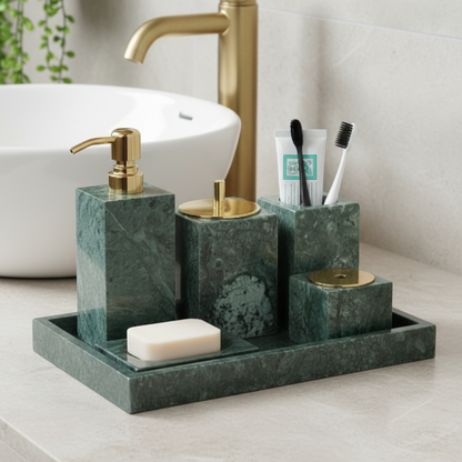 Marmeren Badkamer Set 6-Delig | Luxe Massief Steen Toilettas Organizer