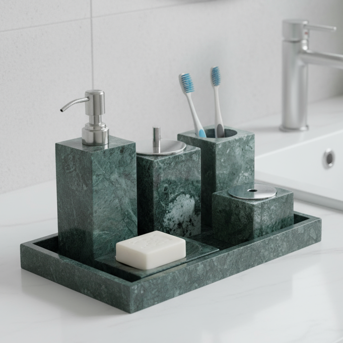 Marmeren Badkamer Set 6-Delig | Luxe Massief Steen Toilettas Organizer