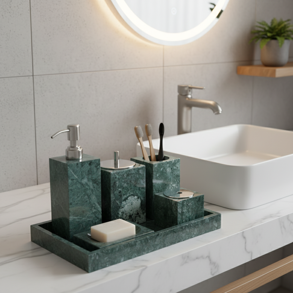 Marmeren Badkamer Set 6-Delig | Luxe Massief Steen Toilettas Organizer