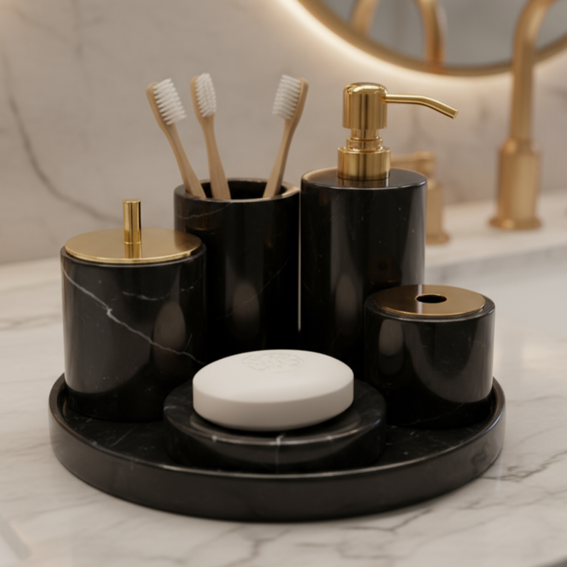Marmeren Badkamer Set 6-Delig | Luxe Massief Steen Toilettas Organizer